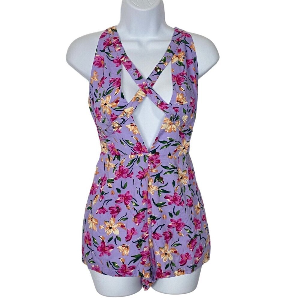NWT MILLAU Women Crisscross Straps Deep V Neck Romper Sz XS Purple Edgy 68-7